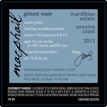 MacPhail Mardikian Pinot Noir 2012 back label