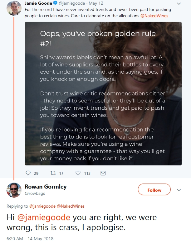 Naked Wines Jaime Goode response twitter